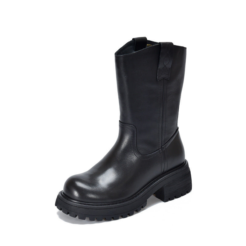 Women's Layer Cowhide Middle Tube British Wild Boots