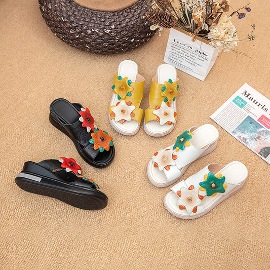 Women's Layer Cowhide Outer Wear Flower Wedge Slippers