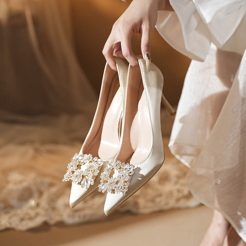 Surface Wedding Stiletto Pointed Toe Low-cut Rhinestone Square Buckle High Heels