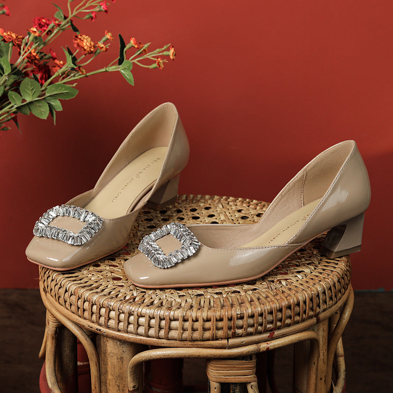 Square Buckle Patent High Female Toe Chunky Women's Shoes