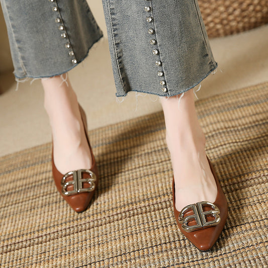 Design Metal Buckle Pointed Patent Low Heels