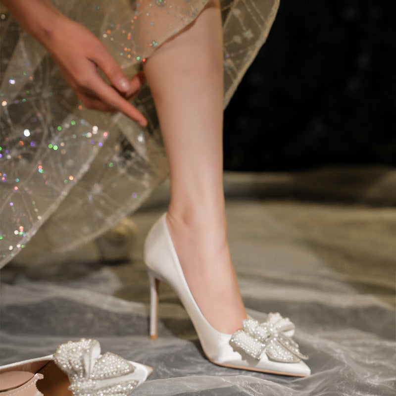 Women's Stiletto Pointed Toe Satin Pearl Bow Bridesmaid Bridal Women's Shoes