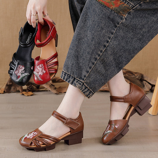 Women's Retro Ethnic Style Embroidered One Strap Heels