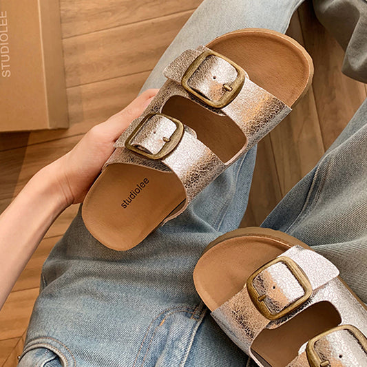 Women's Sier Thick Bottom Beach Retro Double Buckle With Slippers