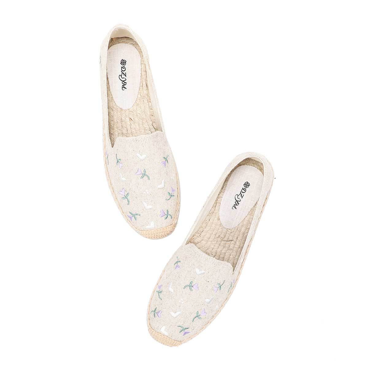 Women's Summer Fisherman Flat Bottom Embroidery Straw Woven Slip-on Lazy Canvas Shoes