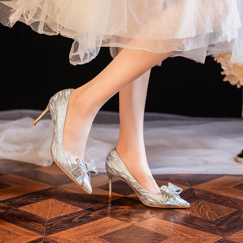 Crystal Wedding Stiletto Pointed Shiny Bridesmaid Sier Heels