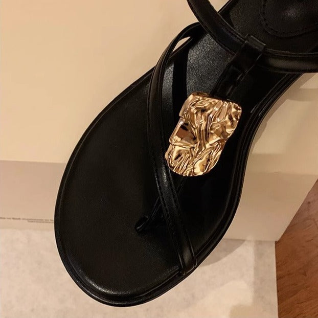 Women's Style Thin Strap Metal Buckle Chunky Heels