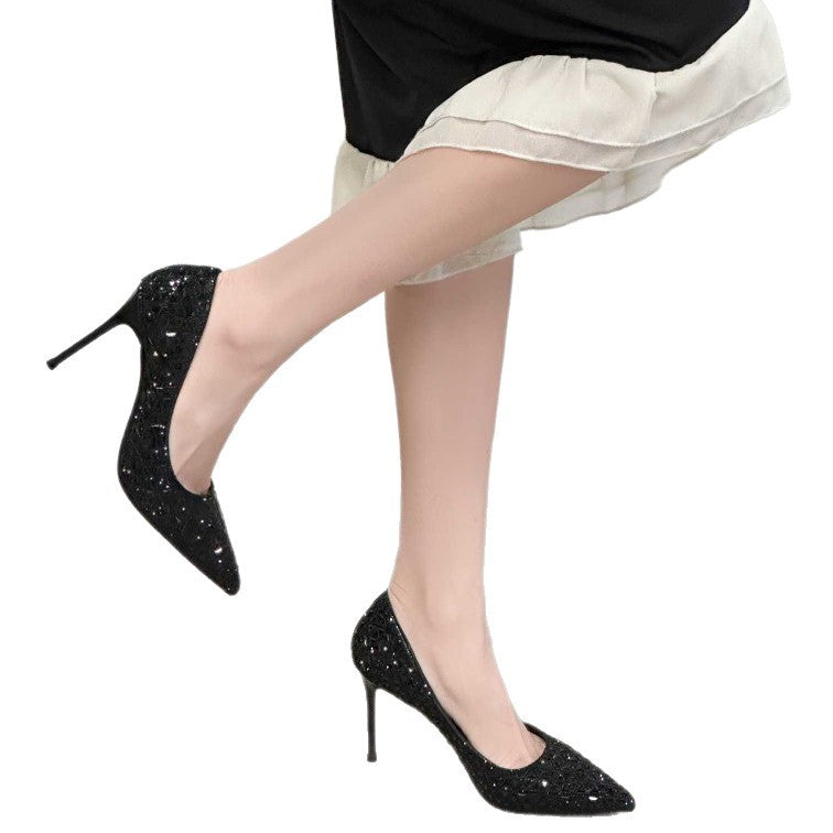 Women's French Style Pointed Toe Rhinestone Low-cut Stiletto Sexy Shiny Dress Women's Fashion Shoes