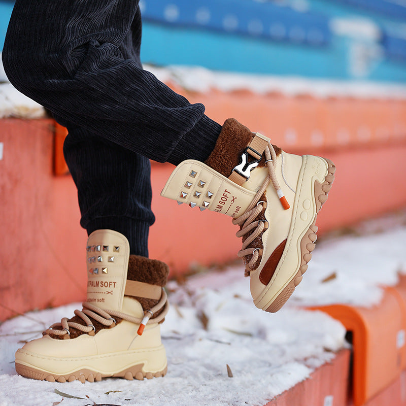 Women's Sheepskin Fur Integrated Fleece-lined Thick Cowhide Platform Snow Boots