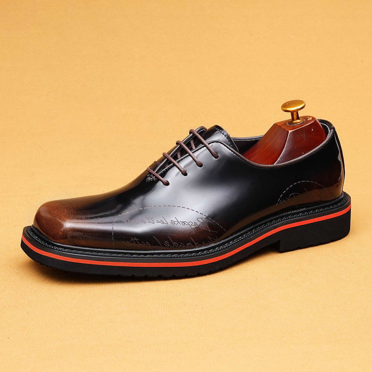 Men's Square Toe British Glossy Slit Beads Carved Formal Wear Full Leather Shoes
