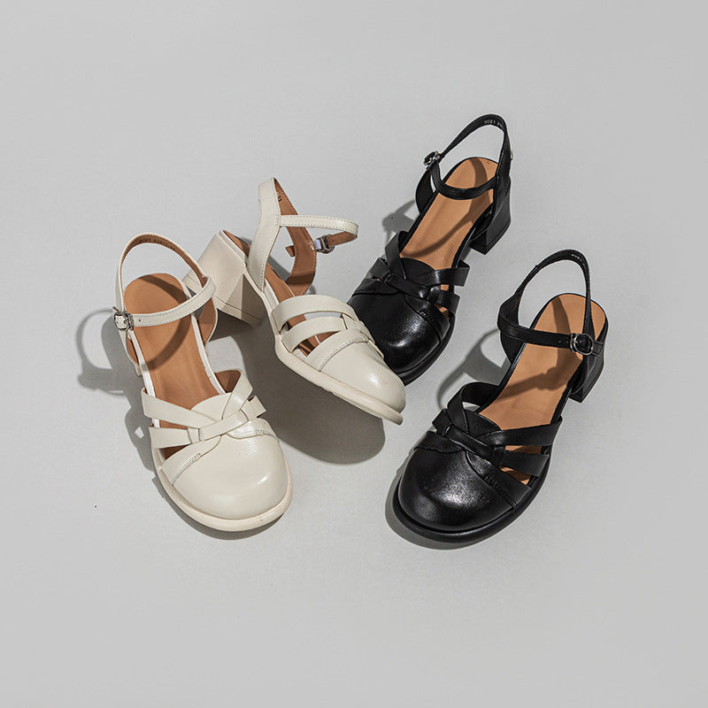 Women's Mid Weaving Hollow Closed Toe Mom Sandals