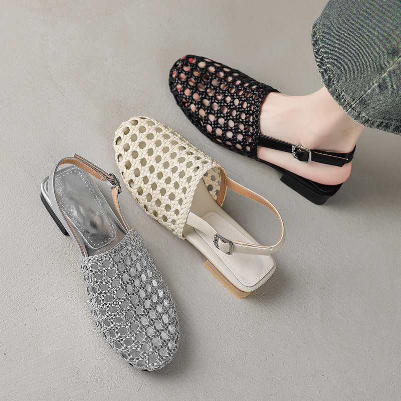 Women's Woven Hollowed Thick Low Closed Toe Sandals
