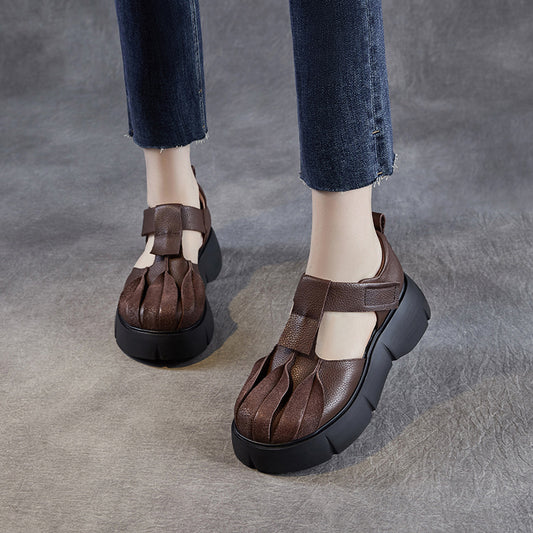 Women's Retro Ethnic Style Genuine Thick Bottom Toe Cap Sandals