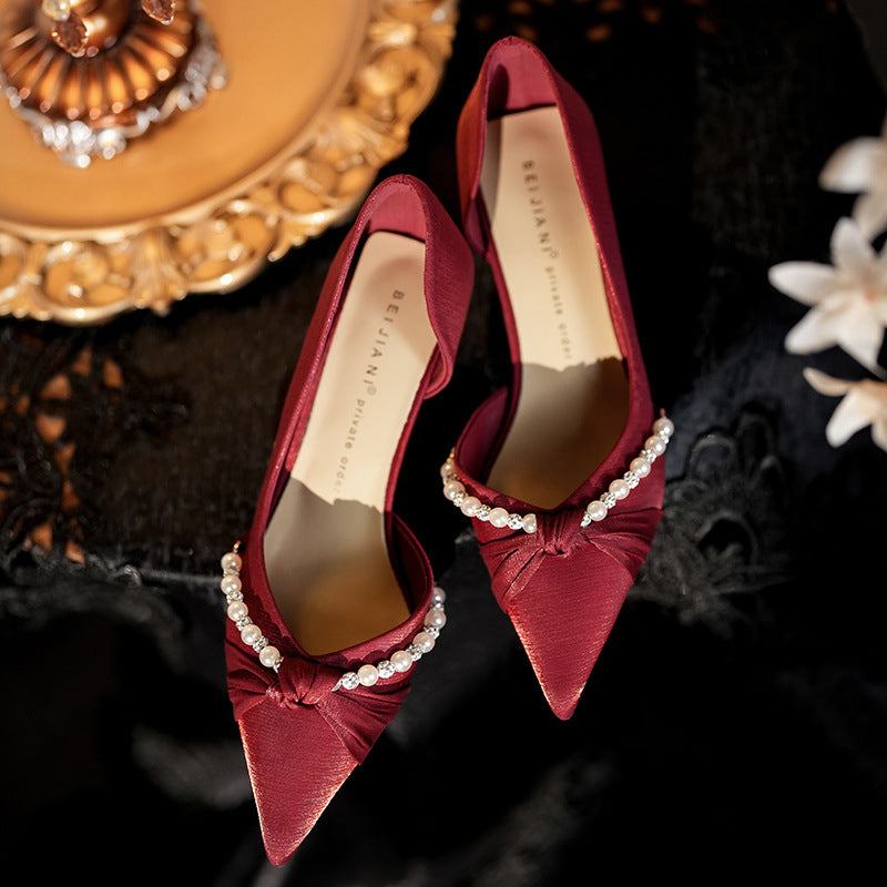 Women's Red Satin Pointed High Stiletto Twisted Women's Shoes