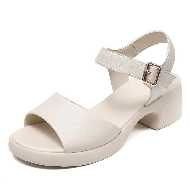 Women's Genuine Summer First Layer Cowhide Comfortable Thick Heels