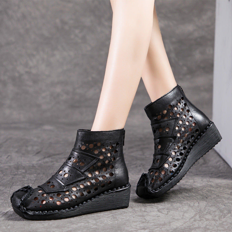 Women's Hole Wedge First Layer Cowhide Retro Sandals