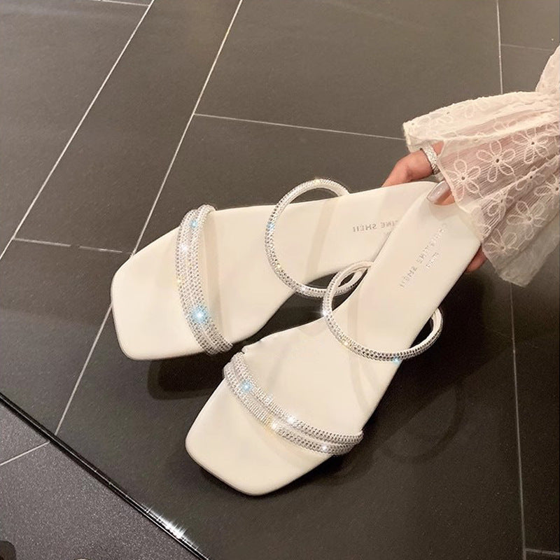 Women's Sier Broken Flash Square Toe Rhinestone Flat Sandals