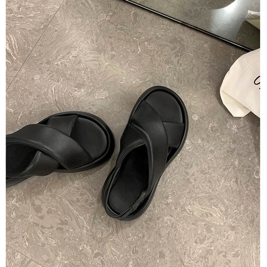 Women's Sheepskin Version Thick Bottom Cross Buckle Strap Sandals