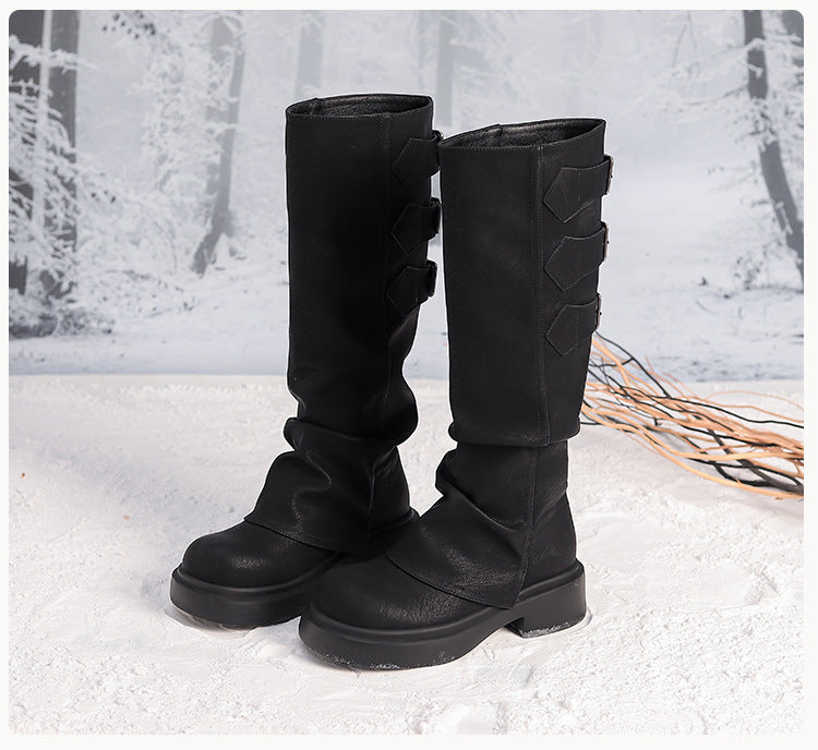 Women's Waste Style Retro Big Head Pants Pipe Pleated Boots