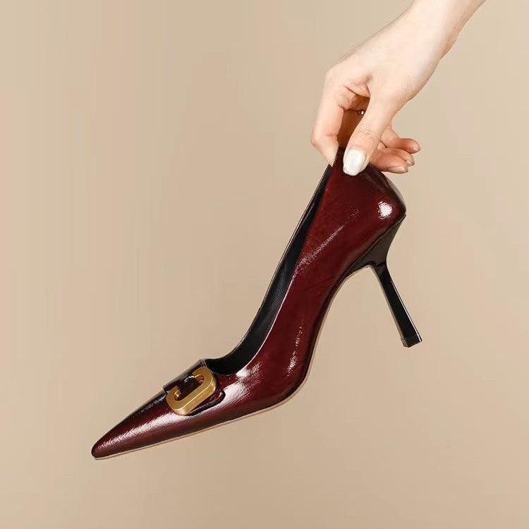 Women's Wine Red Classy High French Style Temperament Niche Low-cut Stilettos Heels