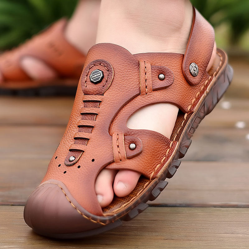 Men's Cowhide Closed Toe Two-way Breathable Genuine Beach Sandals