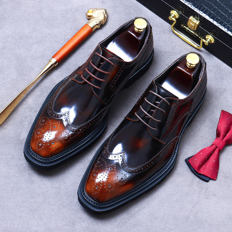 Men's Formal Wear Cowhide Platform Handmade Derby Glossy Breathable Leather Shoes
