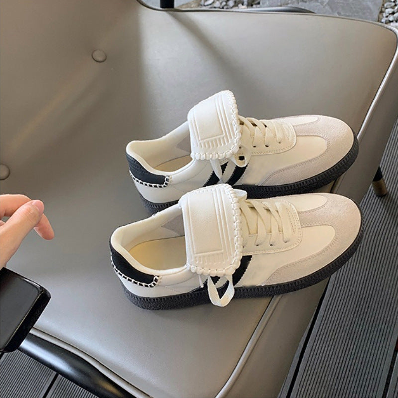 Women's White Round Toe Fold Design Color Matching Flat Sneakers