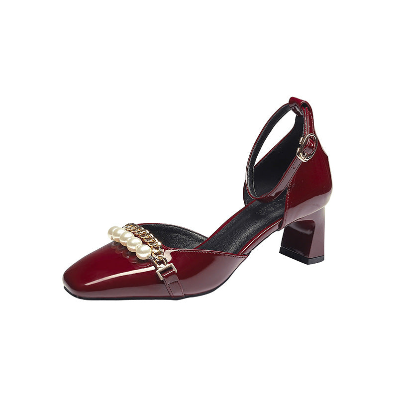 Women's Style Closed Toe Chunky Summer Pearl Square Hollow Heels