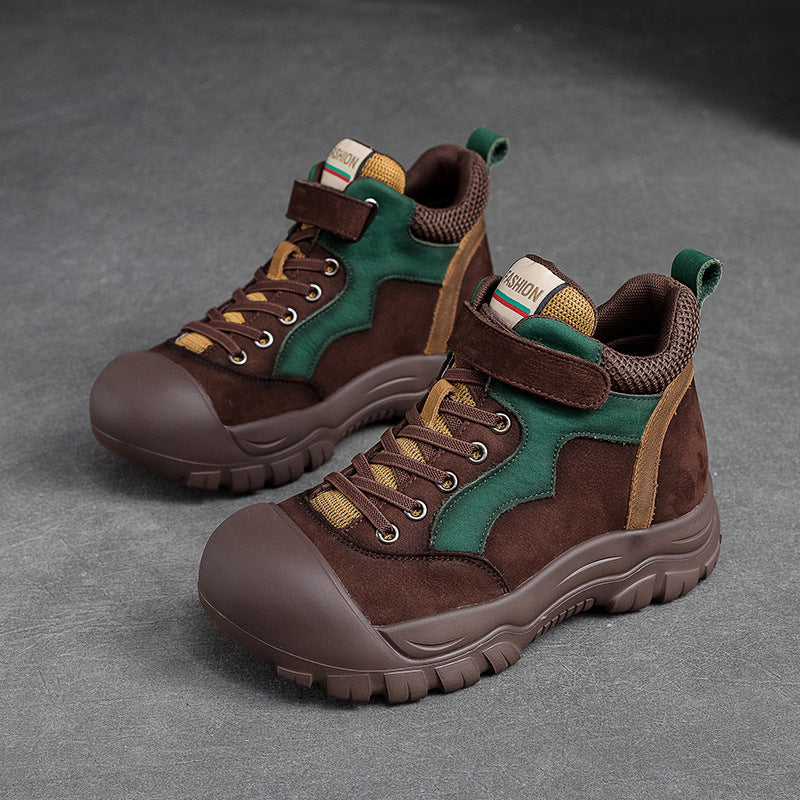 Women's Color Round Head Thick Bottom Pigskin Casual Shoes