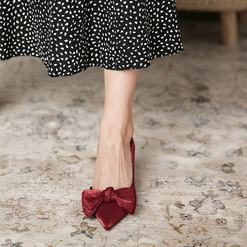 Women's Red Wedding Pointed Toe Stilettos Bow Shallow Heels