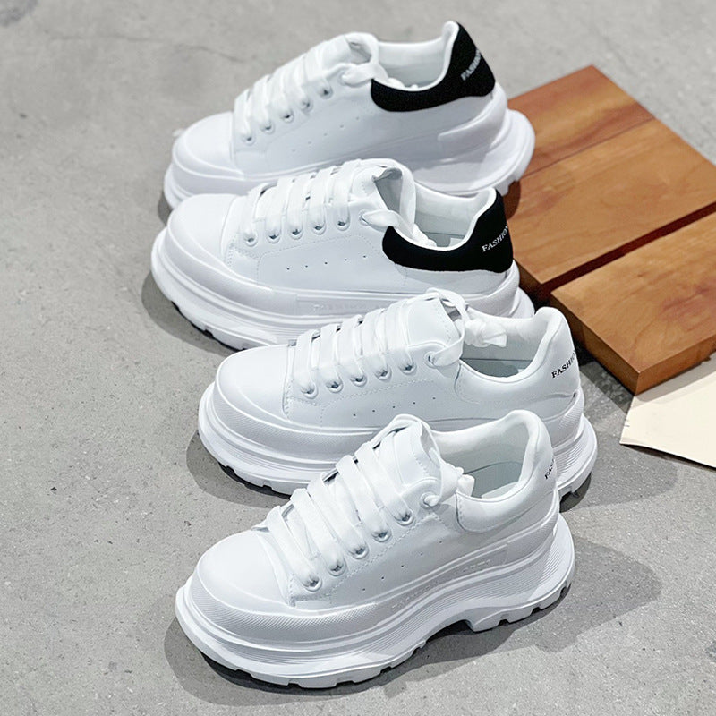 Women's White Thick Bottom Increased Leisure Solid Sneakers