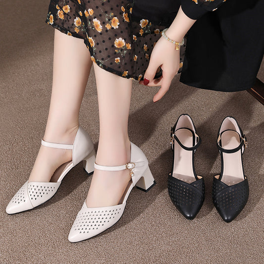 Women's Summer Middle Chunky Buckle Hollowed Plus Heels