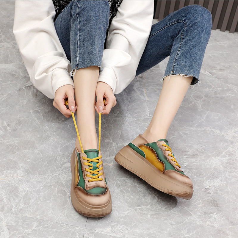 Women's Spring Color Matching Trendy Cowhide Lace Up Muffin Bottom Loafers