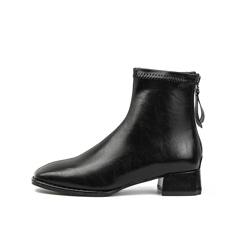 Women's Toe Chunky Short Back Zipper Skinny Boots