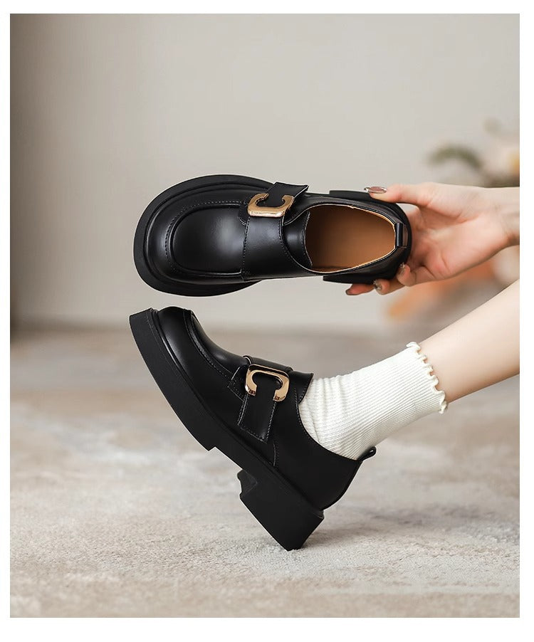 Women's Platform Black Thin Chunky British Style Loafers