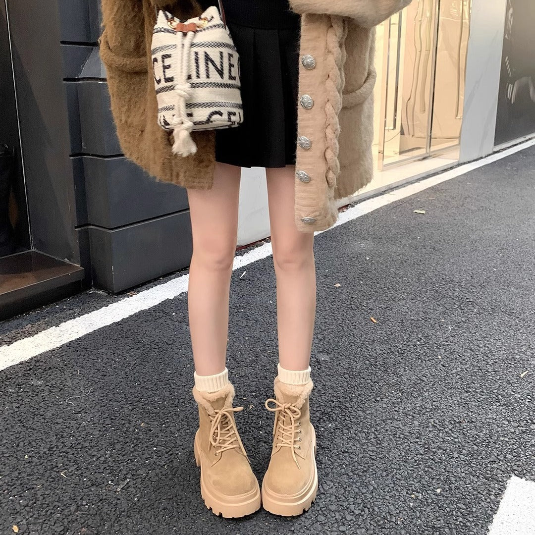Women's Cowhide Korean Style Fleece-lined Thick Motorcycle Thick-soled Boots