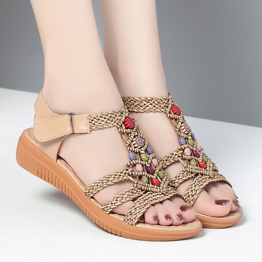 Women's Low Wedge Velcro Bohemian Style Plus Sandals
