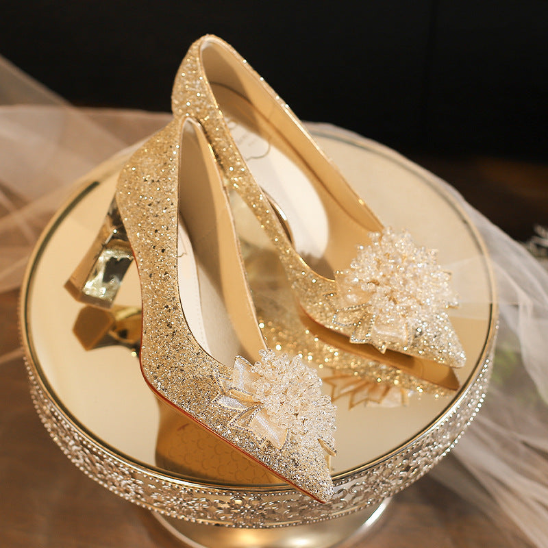 Wedding Shallow Mouth Pointed Toe Crystal Main Dress Women's Fashion Shoes