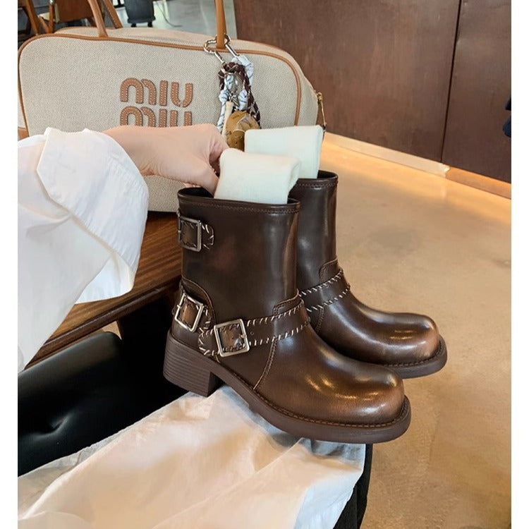 Women's Rub Colored Belt Buckle Distressed Chunky Motorcycle Boots