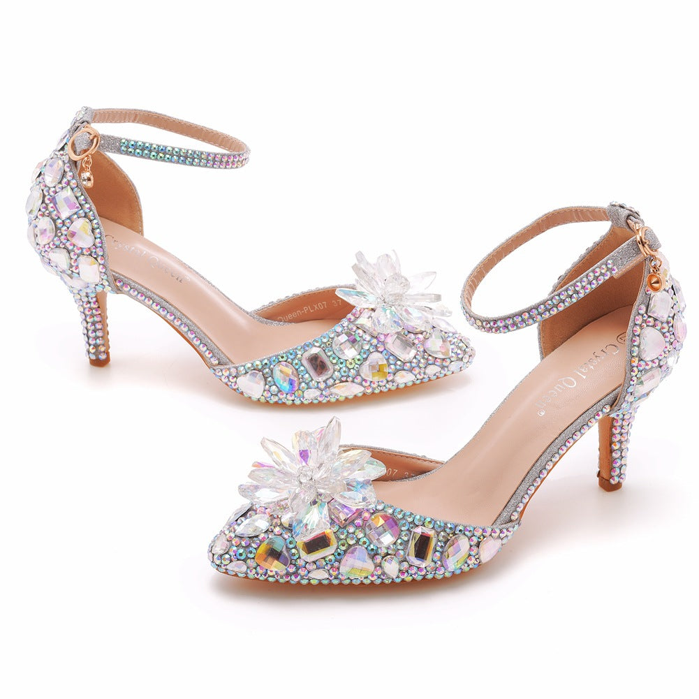 Women's Plus Size Stiletto Pointed Crystal Glass Flower High Champagne Heels