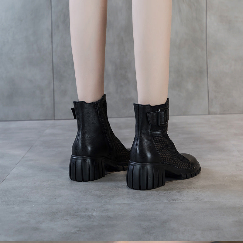 Women's Cowhide Mesh High For Summer Chunky Heels