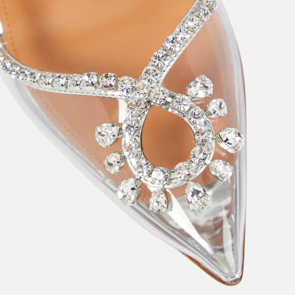 Women's Pointed Toe Sier Transparent Rhinestone Chain Heels