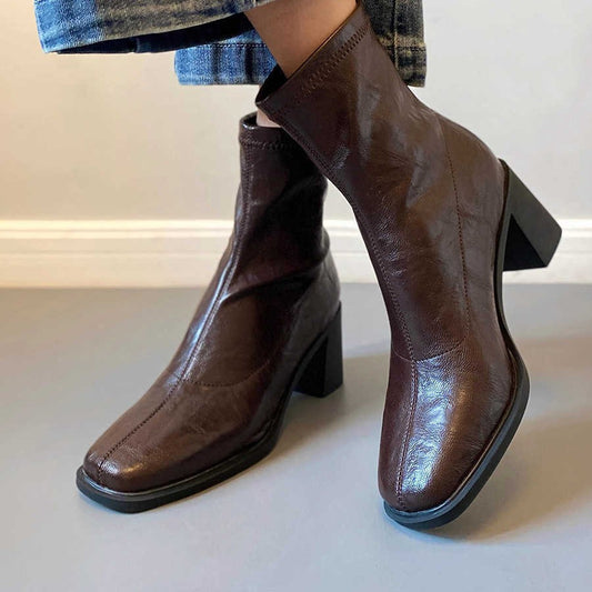 Women's High Mute Square Toe Skinny Ankle Thick Vintage Martin Heels