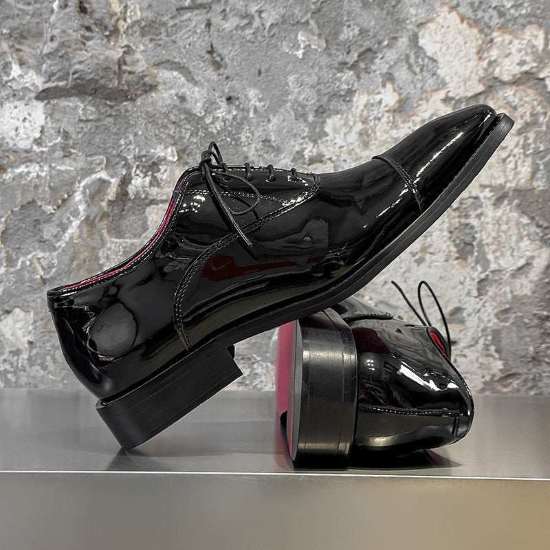 Men's Black Glossy British Red Bottom Commuter Derby Thick Men's Business Leather Shoes