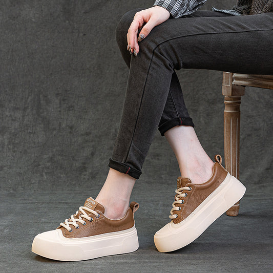 Women's & Men's Top Layer Cowhide Platform White Flat Men's Shoes