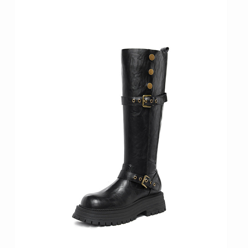 Women's Below The Knee Chunky Platform Belt Buckle Boots