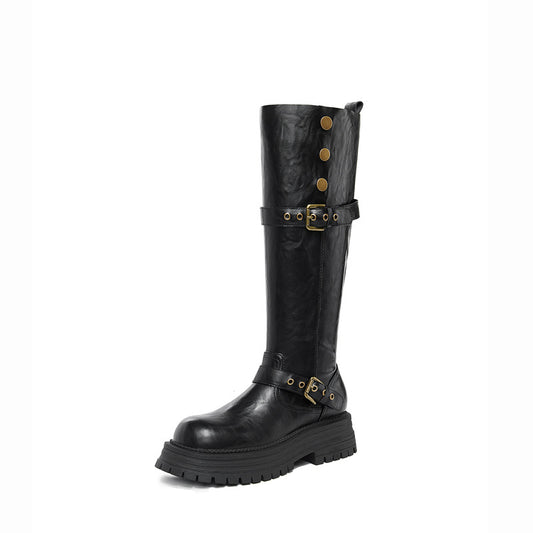 Women's Below The Knee Chunky Platform Belt Buckle Boots