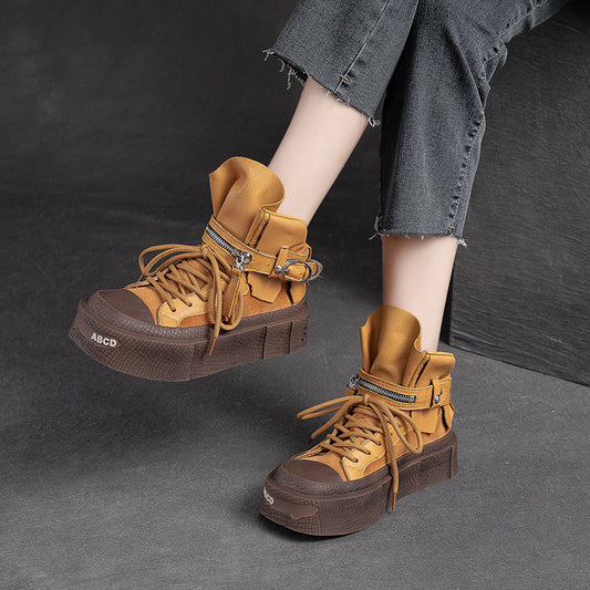 Women's Shu Low-cut Ankle Top Layer Cowhide Round Toe Boots
