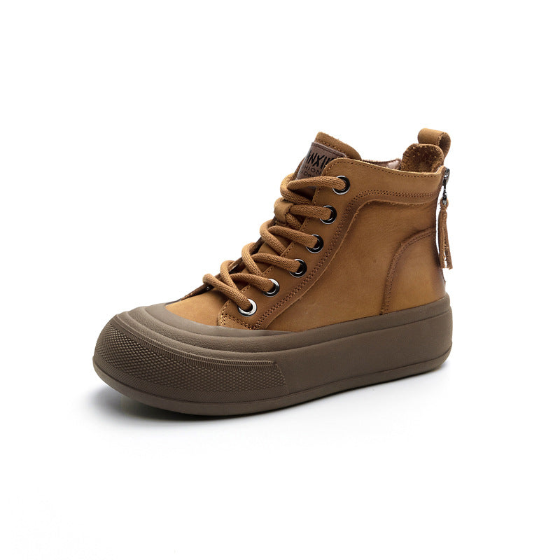 Women's Cowhide Platform Retro Ankle Autumn Genuine Large Round Boots