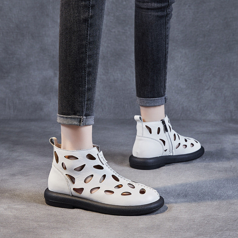 Hole Fashion First Layer Cowhide Side Zipper Sandals